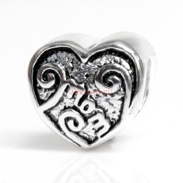 Sterling Silver Heart MOM Mother Bead for European Charm Bracelets