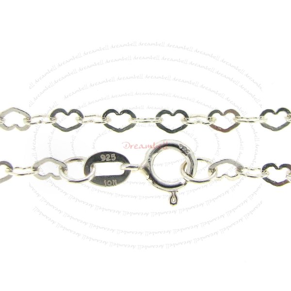 1x Sterling Silver Flat Heart Love Link Chain Bracelet with Spring Clasp 7"