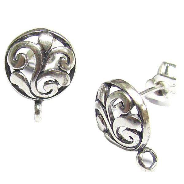 2x Antique 925 Sterling Silver Round Flower Stud Earrings Loop Post