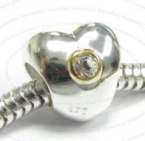 14K Gold 925 Sterling Silver Puff Heart CLEAR Cz 10.6mm European Style Bead charm