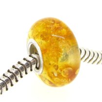 Sterling Silver Genuine Yellow Amber ROUND Bead for European Charm Bracelets