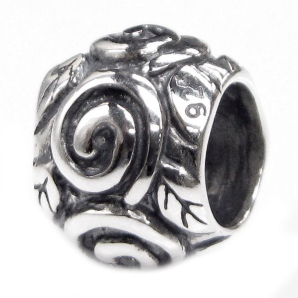 Sterling Silver Round Rose Flower leaf Bead for European Charm Bracelets 9mm