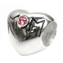 Sterling Silver HEART LOVE MOTHER MOM Bead w/ Pink crystal for European Charm Bracelets