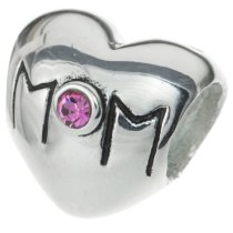 Sterling Silver HEART LOVE MOTHER MOM Bead w/ Pink crystal for European Charm Bracelets