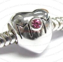 Sterling Silver HEART LOVE MOTHER MOM Bead w/ Pink crystal for European Charm Bracelets