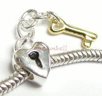 Sterling Silver LOVE HEART & GOLD KEY Dangle Bead for European Charm Bracelets