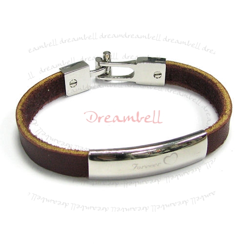 Stainless Steel Forever Love Brown Flat Leather Cord 8mm Wristband Bracelet 7.5"