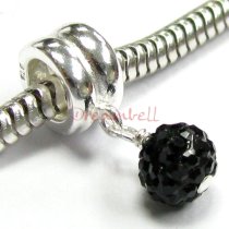 Sterling Silver Ferido Crystal ROUND Jet Black Pendant Bead for European Charm Bracelets