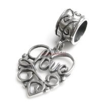 Sterling Silver Heart Carved Love″ Dangle Bead for European Charm Bracelets