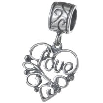 Sterling Silver Heart Carved Love" Dangle Bead for European Charm Bracelets