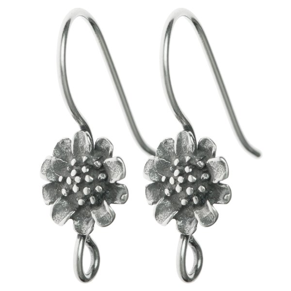 2x Sterling Silver Antiqued Sun Flower French Hook Earring Wire