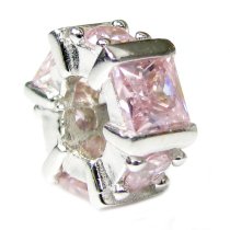 Rhodium Sterling Silver Hexagon Pink CZ Crystal Bead for European Charm Bracelets