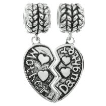 Sterling Silver Dangle Mother & Daughter Love Heart Pendant Family Bead for European Charm Bracelets