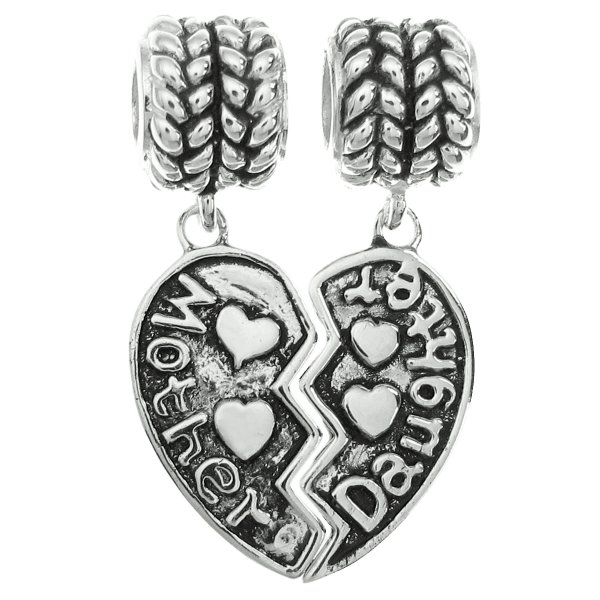 Sterling Silver Dangle Mother & Daughter Love Heart Pendant Family Bead for European Charm Bracelets