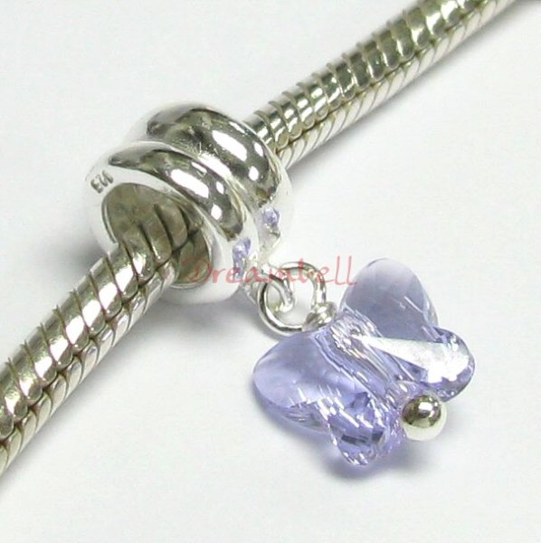 Sterling Silver Swarovski Violet Butterfly Dangle Bead for European Charm Bracelets