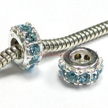 Sterling Silver Round Ring Bead Light Aquamarine Crystals for European Charm Bracelets Birthstone March