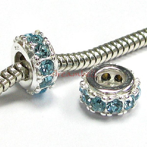 Sterling Silver Round Ring Bead Light Aquamarine Crystals for European Charm Bracelets Birthstone March