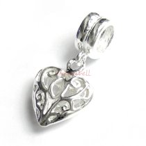 1x Sterling Silver Sweet Filigree Heart Dangle Bead for European Charm Bracelets