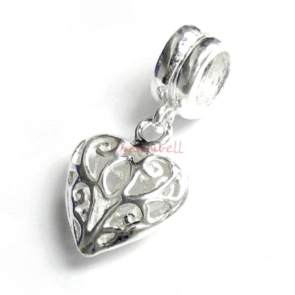 1x Sterling Silver Sweet Filigree Heart Dangle Bead for European Charm Bracelets