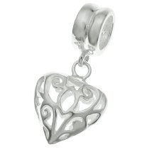 1x Sterling Silver Sweet Filigree Heart Dangle Bead for European Charm Bracelets