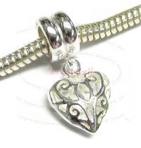 1x Sterling Silver Sweet Filigree Heart Dangle Bead for European Charm Bracelets