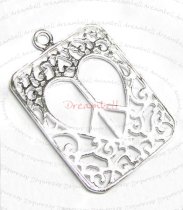 1x Bright Sterling silver FILIGREE HEART PEACE RECTANGULAR Pendant dangle Charm bead 30mm