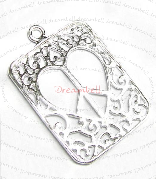 1x Bright Sterling silver FILIGREE HEART PEACE RECTANGULAR Pendant dangle Charm bead 30mm