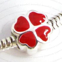 STERLING Silver RED Enamel Four Leaf Clover HEART Enamel bead for European Charm Bracelets