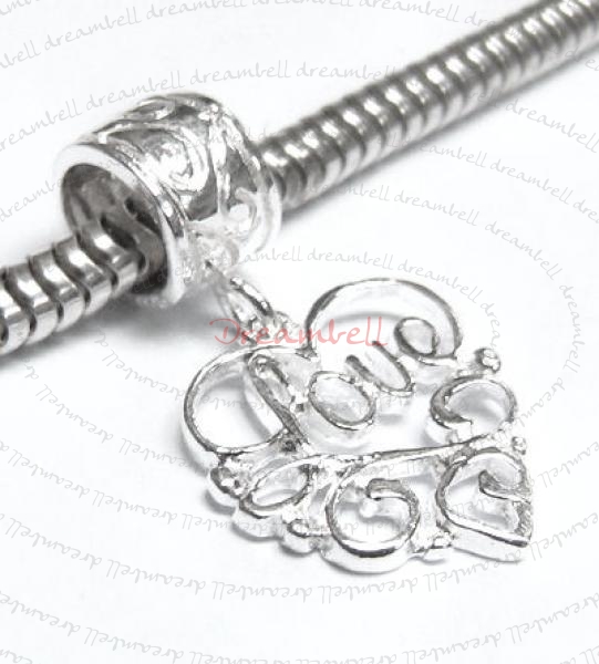 Sterling Silver Heart Carved Love" Dangle Bead for European Charm Bracelets