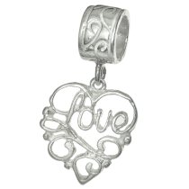 Sterling Silver Heart Carved Love" Dangle Bead for European Charm Bracelets