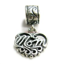 Sterling Silver Heart Love MOM Dangle Bead for European Charm Bracelets