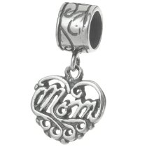 Sterling Silver Heart Love MOM Dangle Bead for European Charm Bracelets