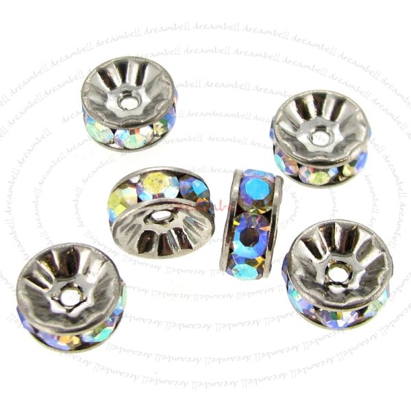 6x Rondelle Silver Bead Spacer Clear AB Crystals 5mm