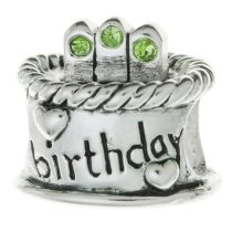 Sterling Silver Birthday Cake w/ Peridot CZ Crystal Birthstone Bead for European Charm Bracelets August