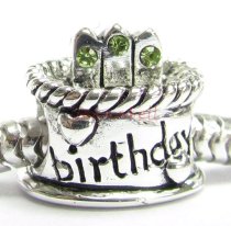 Sterling Silver Birthday Cake w/ Peridot CZ Crystal Birthstone Bead for European Charm Bracelets August