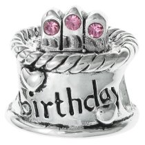 Sterling Silver Birthday Cake w/ Pink Rose CZ Crystal Birthstone Bead for European Charm Bracelets October