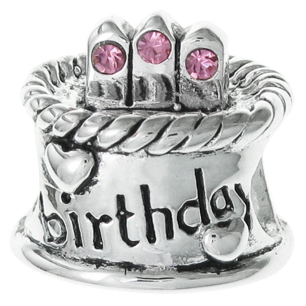 Sterling Silver Birthday Cake w/ Pink Rose CZ Crystal Birthstone Bead for European Charm Bracelets October