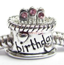 Sterling Silver Birthday Cake w/ Pink Rose CZ Crystal Birthstone Bead for European Charm Bracelets October