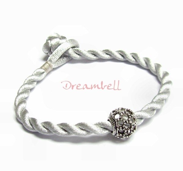 Chinese HAND KNOTTED SILK CORD BRACELET Silver Grey for European Charm Bead