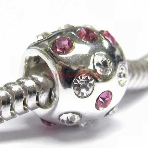 Sterling Silver ROUND BALL w/ PINK ROSE & CLEAR CZ Crystal Bead for European Charm Bracelets
