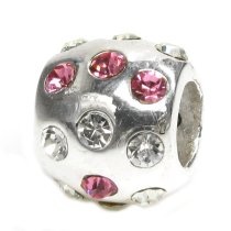 Sterling Silver ROUND BALL w/ PINK ROSE & CLEAR CZ Crystal Bead for European Charm Bracelets