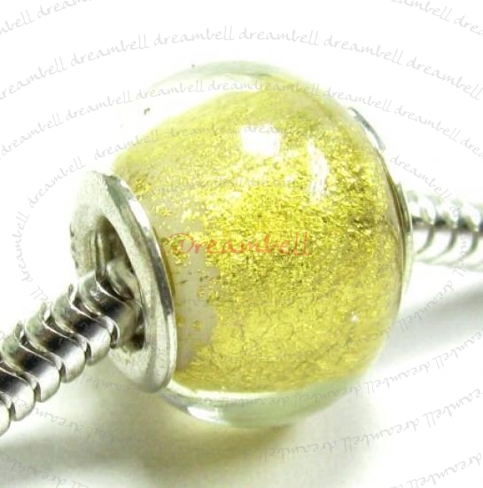 Sterling Silver Round Wheel Murano GOLD FOIL Glass Bead for European Charm Bracelets 14mm