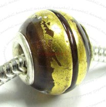 Sterling Silver Round Wheel Murano GOLD FOIL Glass SWIRL Bead for European Charm Bracelets 14mm