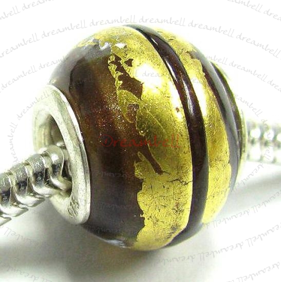 Sterling Silver Round Wheel Murano GOLD FOIL Glass SWIRL Bead for European Charm Bracelets 14mm