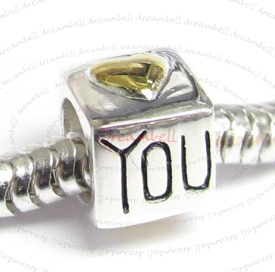 14K Gold 925 Sterling Silver HEART LOVE YOU for European Charm Bracelets
