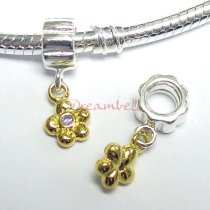 14K Gold 925 Sterling Silver FLOWER SCREW-on Bead w/ CZ Dangle for European Charm Bracelets
