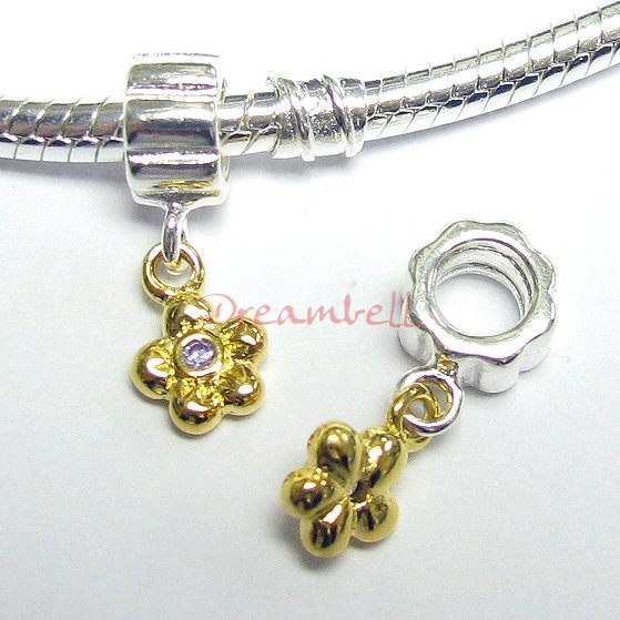 14K Gold 925 Sterling Silver FLOWER SCREW-on Bead w/ CZ Dangle for European Charm Bracelets