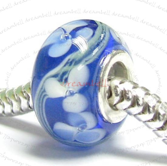 Sterling Silver Blue Murano Flower Glass Bead for European Charm Bracelets 14mm