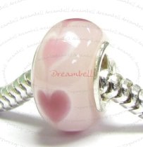 Sterling Silver PINK HEART Murano Glass for European Bead charm Bracelet