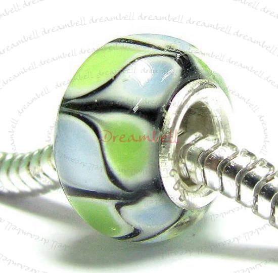 Sterling Silver Round Wheel Murano GREEN & BLUE Glass Bead for European Charm Bracelets 12.6mm